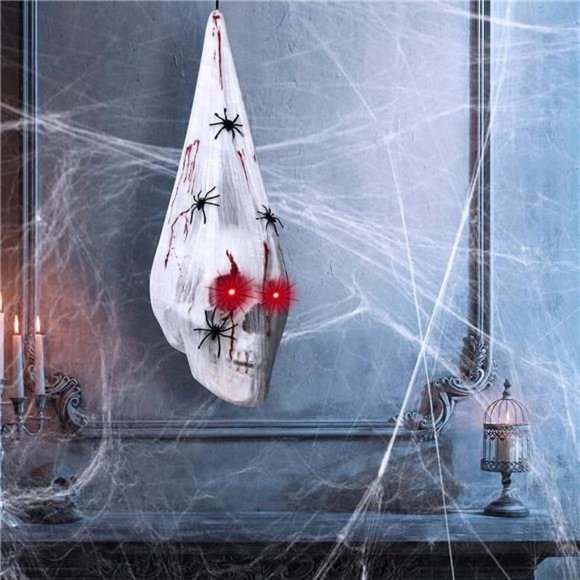 Halloween Skull with Light Up Eyes,Hanging Skeleton with Blood Spider Webc - Picture 6 of 6
